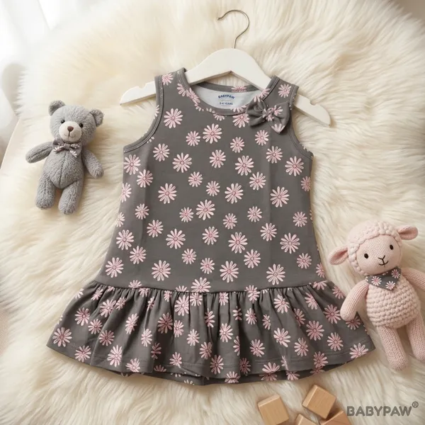 Sweet_Daisy_Print_Sleeveless_Drop_Waist_Frock_With_Shoulder_Bow_For_Girls