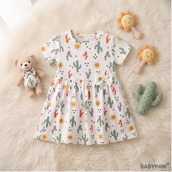Sweet_Cactus_Print_Short_Sleeve_Frock_With_Waist_Bow_For_Girls