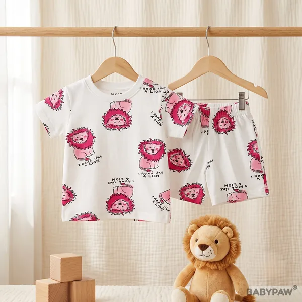 Unisex_Cartoon_Lion_Print_Cotton_T_Shirt_And_Shorts_Co_Ord_Set