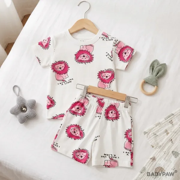 Unisex_Kids_Cartoon_Lion_And_Graffiti_Print_T_Shirt_And_Shorts_Co_Ord_Set_-_Pack_Of_2