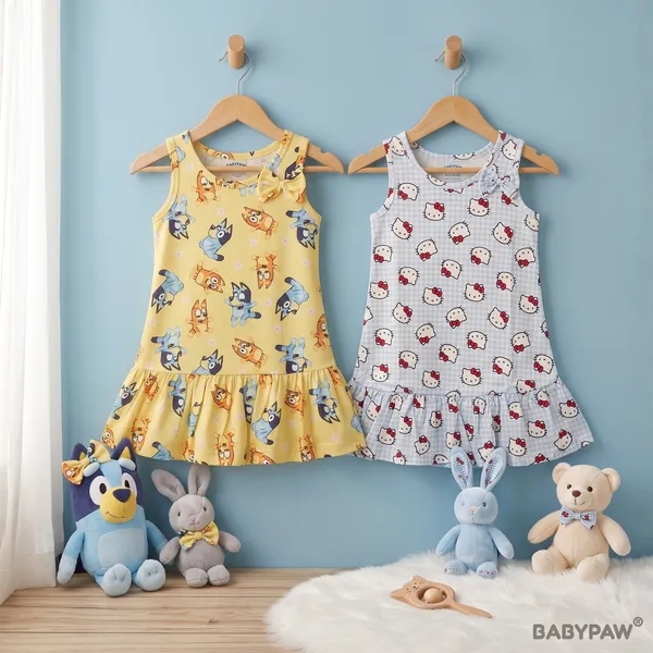 Girls_Bluey_And_Kitty_Print_Sleeveless_Drop_Waist_Frock_With_Shoulder_Bow_-_Pack_Of_2