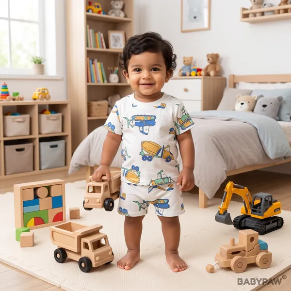 Unisex_Little_Builder'S_Trucks_Cotton_T_Shirt_And_Shorts_Co_Ord_Set