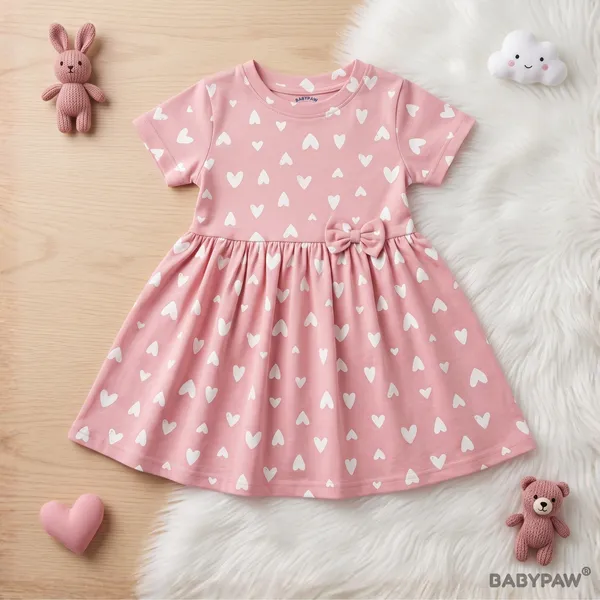 Pink_Hearts_Print_Short_Sleeve_Frock_With_Waist_Bow_For_Girls