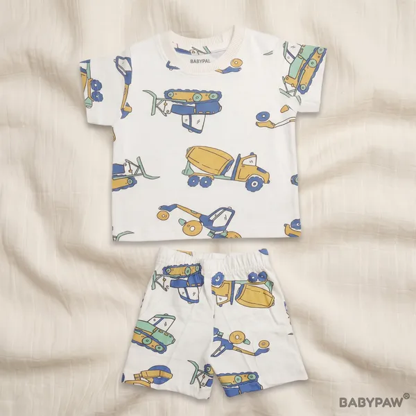 Unisex_Little_Builder'S_Trucks_Cotton_T_Shirt_And_Shorts_Co_Ord_Set
