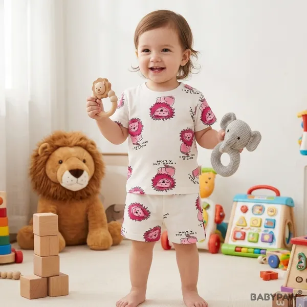 Unisex_Kids_Cartoon_Lion_And_Graffiti_Print_T_Shirt_And_Shorts_Co_Ord_Set_-_Pack_Of_2