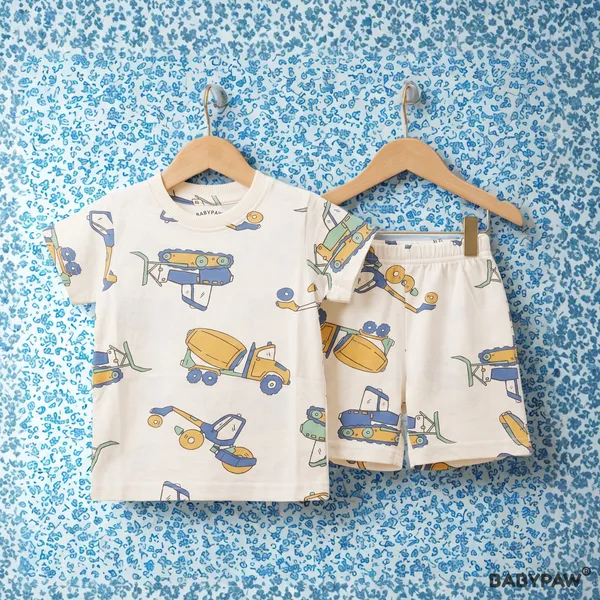 Unisex_Little_Builder'S_Trucks_Cotton_T_Shirt_And_Shorts_Co_Ord_Set