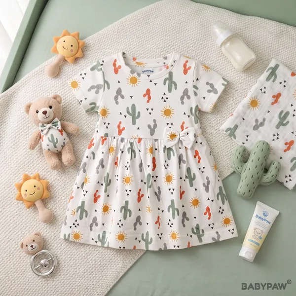Sweet_Cactus_Print_Short_Sleeve_Frock_With_Waist_Bow_For_Girls