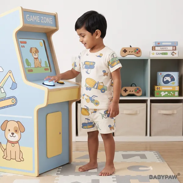Unisex_Little_Builder'S_Trucks_Cotton_T_Shirt_And_Shorts_Co_Ord_Set