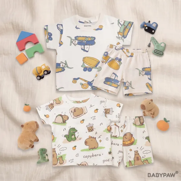 Unisex_Kids_Builder'S_Trucks_And_Cute_Capybara_Cotton_T_Shirt_And_Shorts_Co_Ord_Set_-_Pack_Of_2