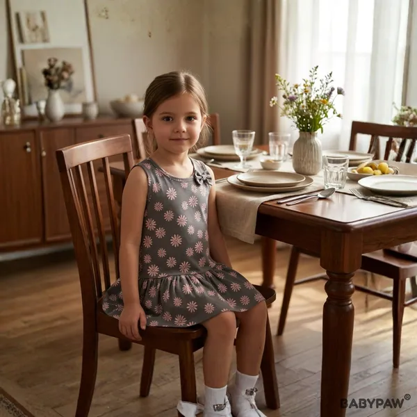 Sweet_Daisy_Print_Sleeveless_Drop_Waist_Frock_With_Shoulder_Bow_For_Girls