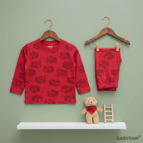 Unisex_Fire_Truck_Cartoon_Cotton_Full_Sleeve_T_Shirt_and_Payjamas_Co_Ord_Set
