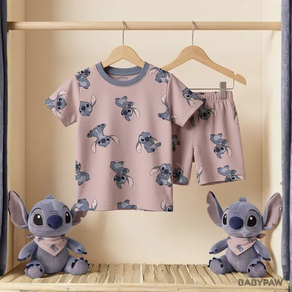 Unisex_Mauve_Pink_Cartoon_Cotton_T_Shirt_And_Shorts_Co_Ord_Set