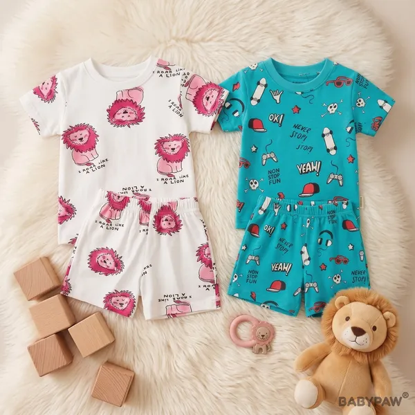 Unisex_Kids_Cartoon_Lion_And_Graffiti_Print_T_Shirt_And_Shorts_Co_Ord_Set_-_Pack_Of_2