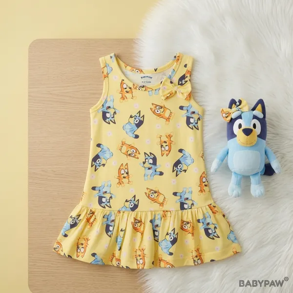 Bluey_Bingo_Cartoon_Print_Sleeveless_Drop_Waist_Frock_With_Shoulder_Bow_For_Girls