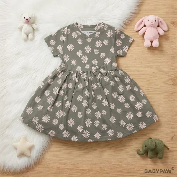 Sweet_Daisy_Print_Short_Sleeve_Frock_With_Waist_Bow_For_Girls