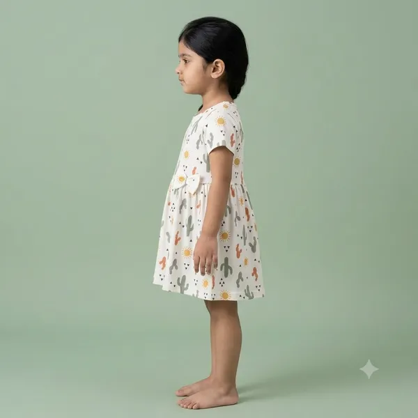 Sweet_Cactus_Print_Short_Sleeve_Frock_With_Waist_Bow_For_Girls