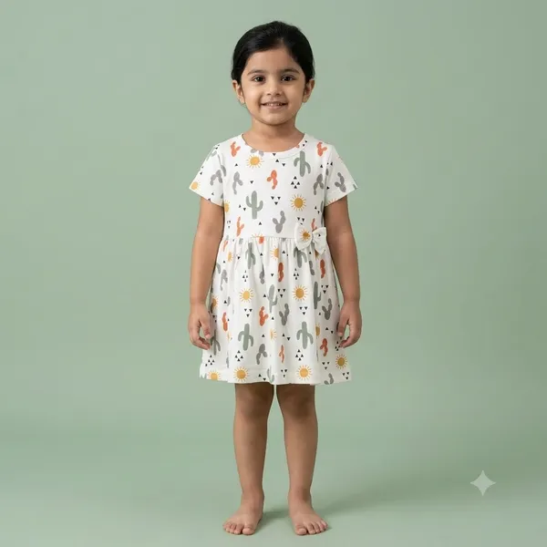 Sweet_Cactus_Print_Short_Sleeve_Frock_With_Waist_Bow_For_Girls