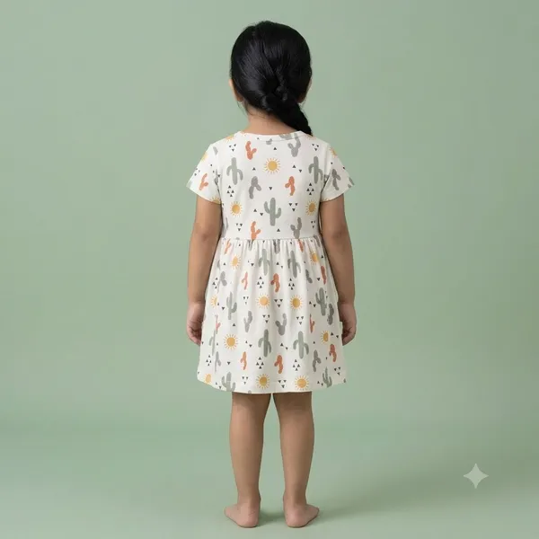 Sweet_Cactus_Print_Short_Sleeve_Frock_With_Waist_Bow_For_Girls