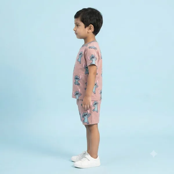 Unisex_Mauve_Pink_Cartoon_Cotton_T_Shirt_And_Shorts_Co_Ord_Set