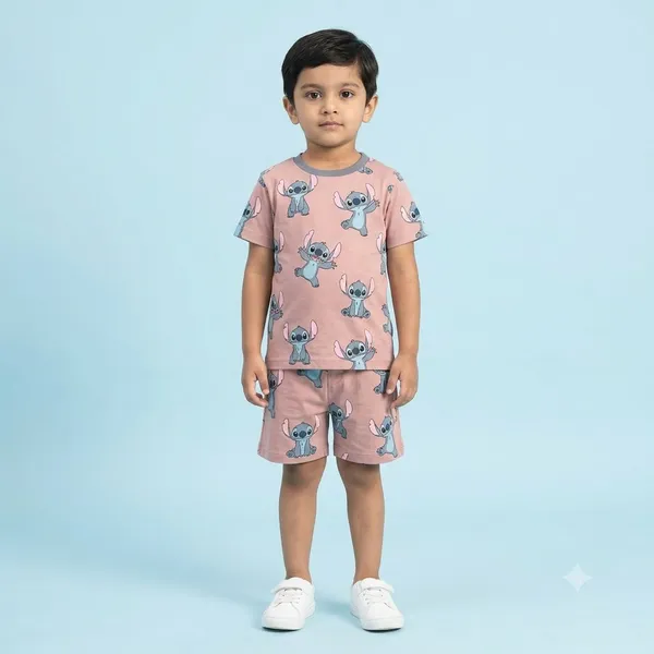 Unisex_Mauve_Pink_Cartoon_Cotton_T_Shirt_And_Shorts_Co_Ord_Set