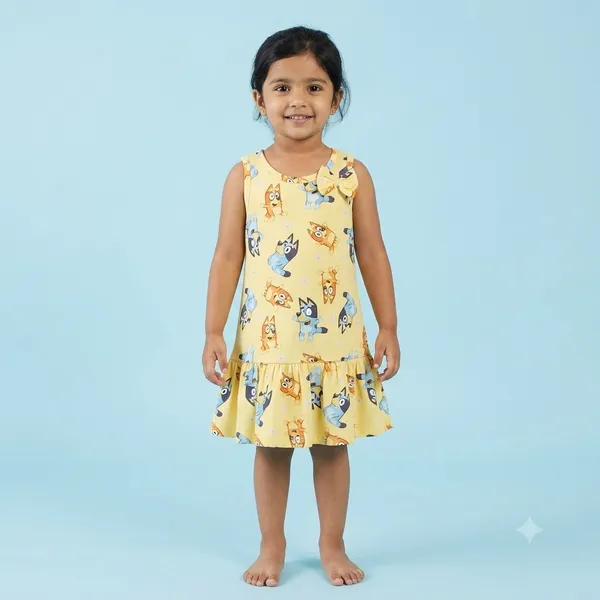 Bluey_Bingo_Cartoon_Print_Sleeveless_Drop_Waist_Frock_With_Shoulder_Bow_For_Girls