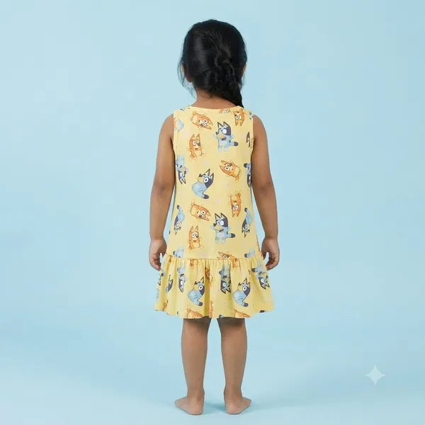 Bluey_Bingo_Cartoon_Print_Sleeveless_Drop_Waist_Frock_With_Shoulder_Bow_For_Girls