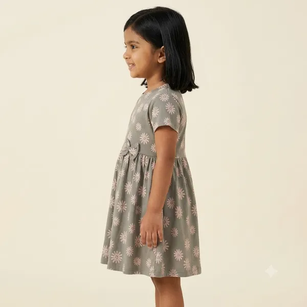Sweet_Daisy_Print_Short_Sleeve_Frock_With_Waist_Bow_For_Girls