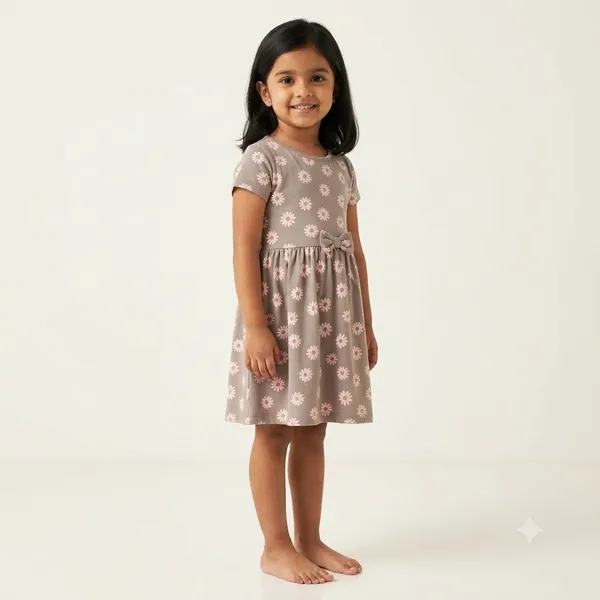 Sweet_Daisy_Print_Short_Sleeve_Frock_With_Waist_Bow_For_Girls