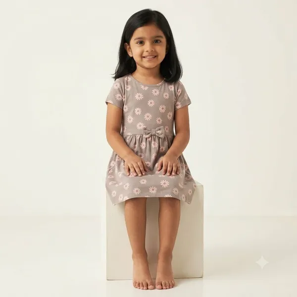 Sweet_Daisy_Print_Short_Sleeve_Frock_With_Waist_Bow_For_Girls