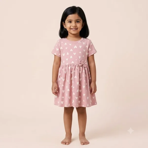 Pink_Hearts_Print_Short_Sleeve_Frock_With_Waist_Bow_For_Girls