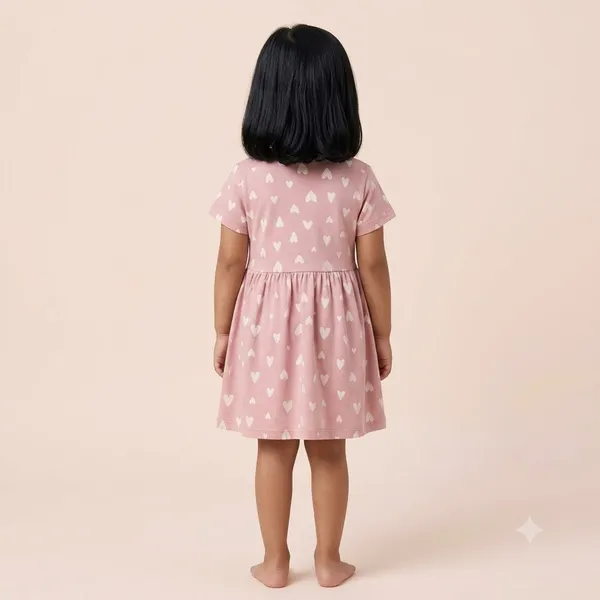 Pink_Hearts_Print_Short_Sleeve_Frock_With_Waist_Bow_For_Girls