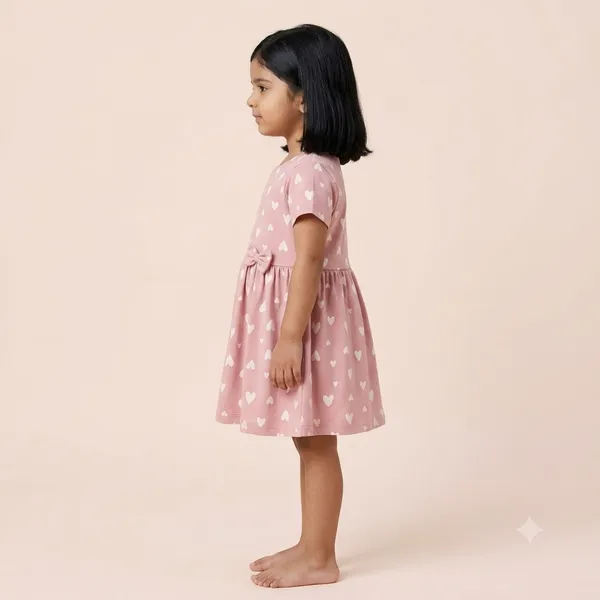 Pink_Hearts_Print_Short_Sleeve_Frock_With_Waist_Bow_For_Girls