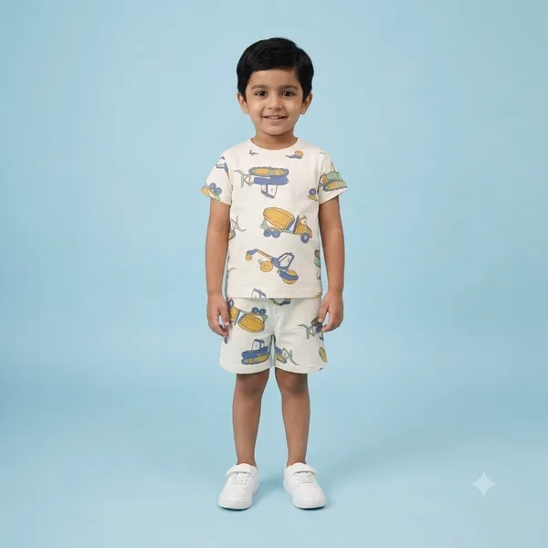 Unisex_Little_Builder'S_Trucks_Cotton_T_Shirt_And_Shorts_Co_Ord_Set