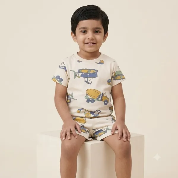 Unisex_Little_Builder'S_Trucks_Cotton_T_Shirt_And_Shorts_Co_Ord_Set