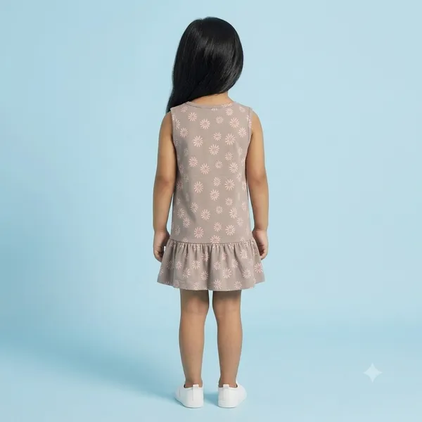 Sweet_Daisy_Print_Sleeveless_Drop_Waist_Frock_With_Shoulder_Bow_For_Girls