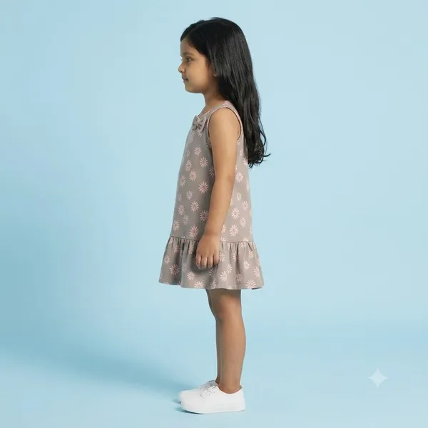 Sweet_Daisy_Print_Sleeveless_Drop_Waist_Frock_With_Shoulder_Bow_For_Girls