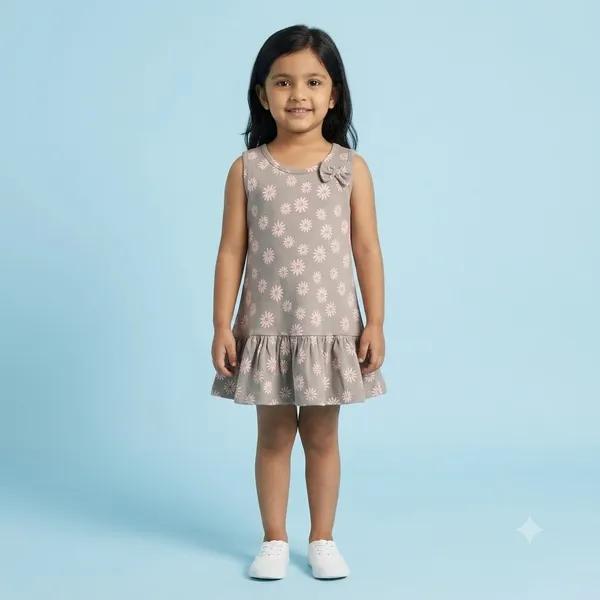 Sweet_Daisy_Print_Sleeveless_Drop_Waist_Frock_With_Shoulder_Bow_For_Girls