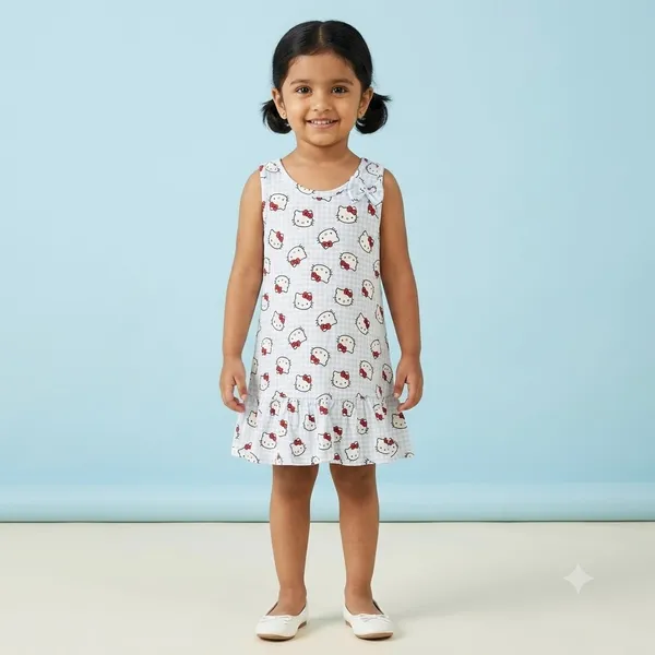 Hello_Kitty_Gingham_Print_Sleeveless_Drop_Waist_Frock_With_Shoulder_Bow_For_Girls
