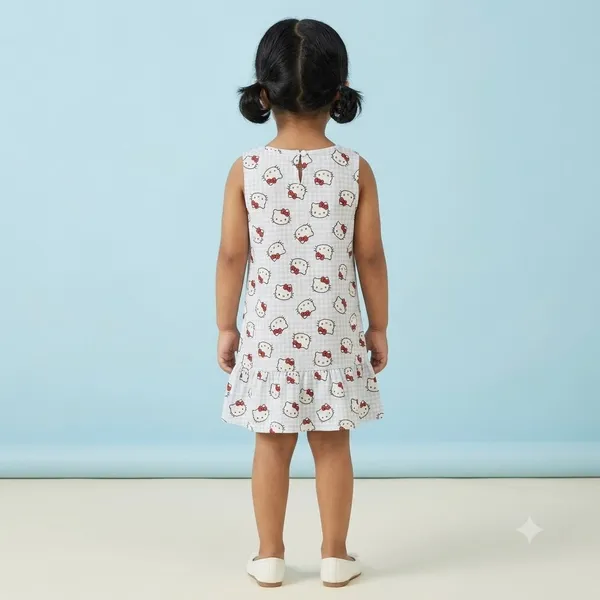 Hello_Kitty_Gingham_Print_Sleeveless_Drop_Waist_Frock_With_Shoulder_Bow_For_Girls