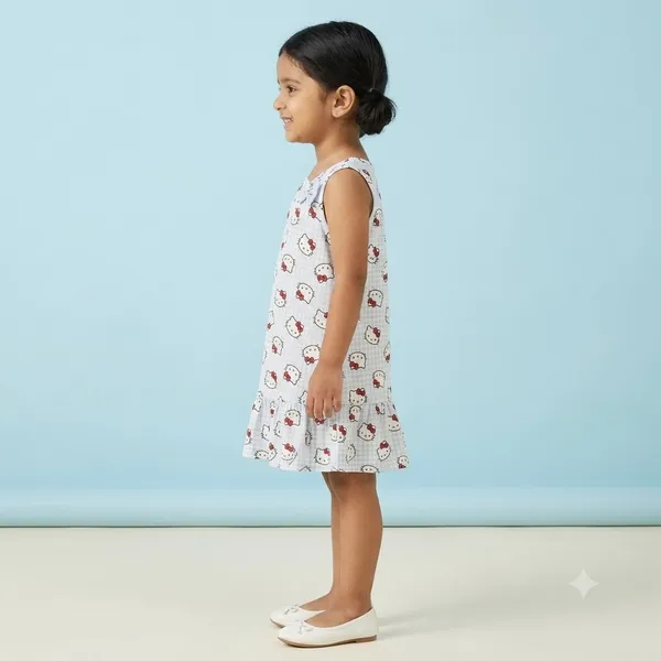 Hello_Kitty_Gingham_Print_Sleeveless_Drop_Waist_Frock_With_Shoulder_Bow_For_Girls