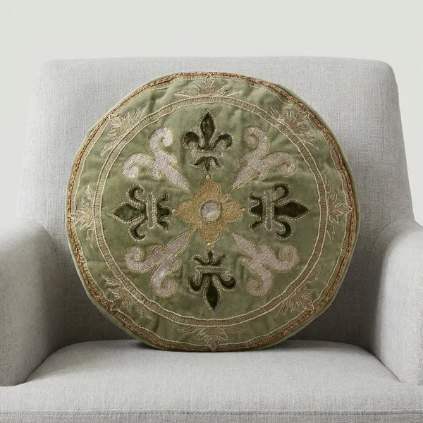 Fleur_De_Lis_Green_Round_Cushion_With_Embroidery_On_Cotton_Velvet_Fabric_Size_14_Inches