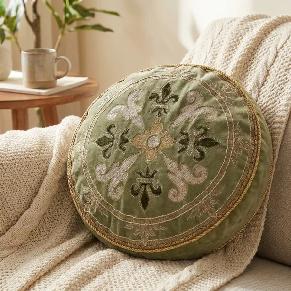 Fleur_De_Lis_Green_Round_Cushion_With_Embroidery_On_Cotton_Velvet_Fabric_Size_14_Inches