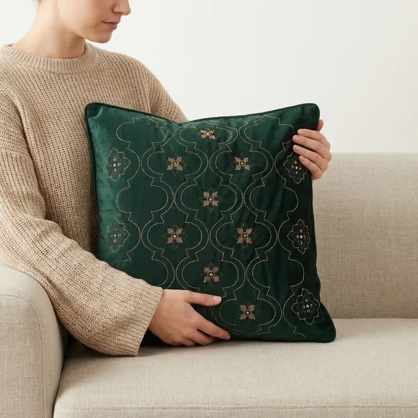 Isfahan_Emarald_Green_Cushion_Cover_With_Hand_Embroidery_Size_18X18_Inches