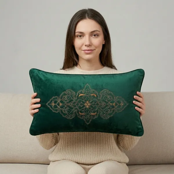 Isfahan_Emarald_Green_Cushion_Cover_With_Hand_Embroidery_Size_24X14_Inches