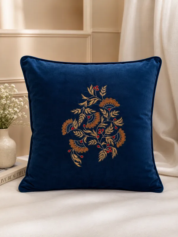 Bahar_Navy_Blue_Cushion_With_Zardozi_On_Feather_Touch_Velvet_Size_18X18_Inches