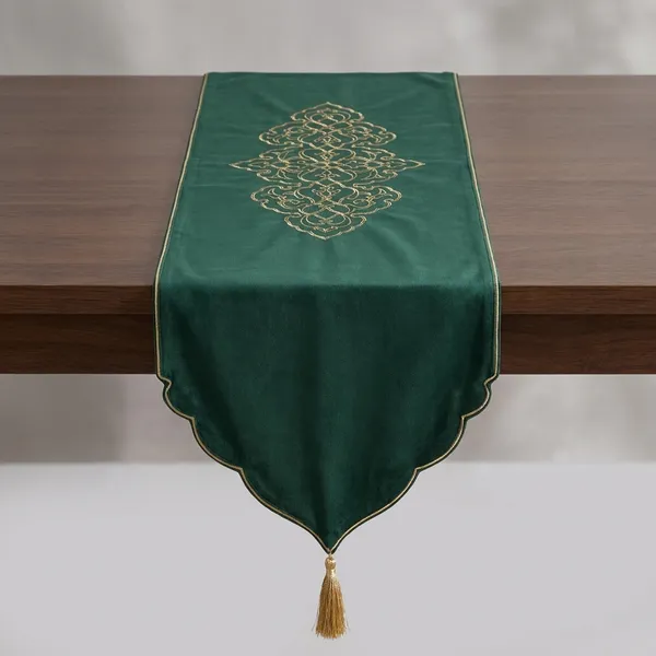 Tezhip_Embroidered_Green_Velevet_Table_Runner_Size_72_Inches