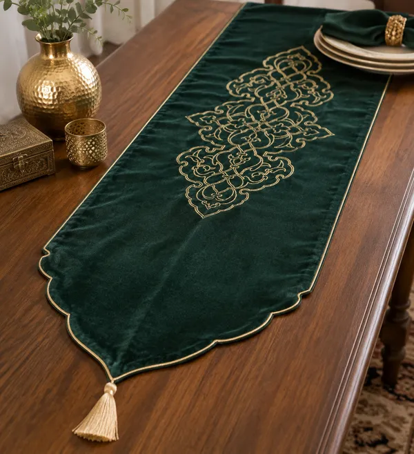 Tezhip_Embroidered_Green_Velevet_Table_Runner_Size_72_Inches