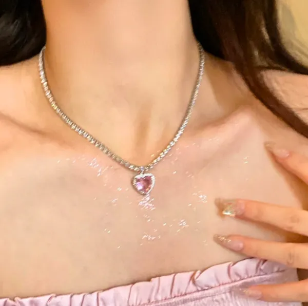 Silver_Brass_Pink_Heart_Pendant_Korean_Necklace_For_Women
