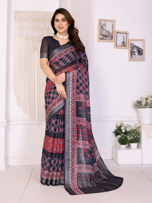 Black_Color_Handloom_Linen_Cotton_Digital_Print_Designer_Saree_(Product_Code:-80023)