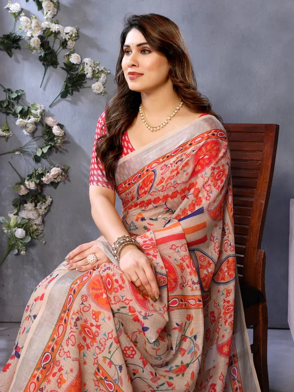 Cream_Color_Handloom_Linen_Cotton_Digital_Print_Zari_Border_Saree_(Product_Code:-80028)